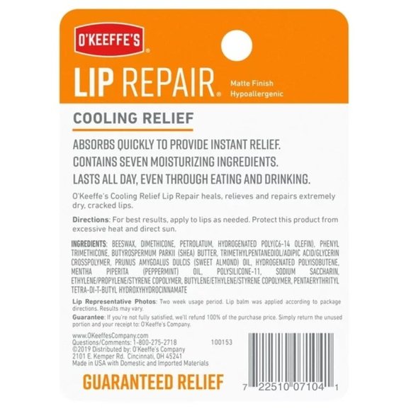 O'Keeffe's Lip Repair Lip Balm COOLING, Dry, Cracked Lip Relief, 2 Sticks NEW - Picture 2 of 2